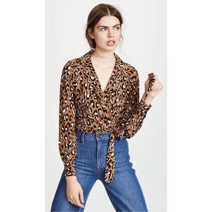 DIANE VON FURSTENBERG Shirt Womens Brown Whitman Leopard Print Silk Wrap Top
